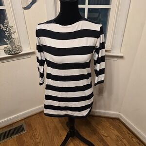 Camii Mia Striped‎ Tunic Top 3/4 Sleeve Casual Black White Womens Medium